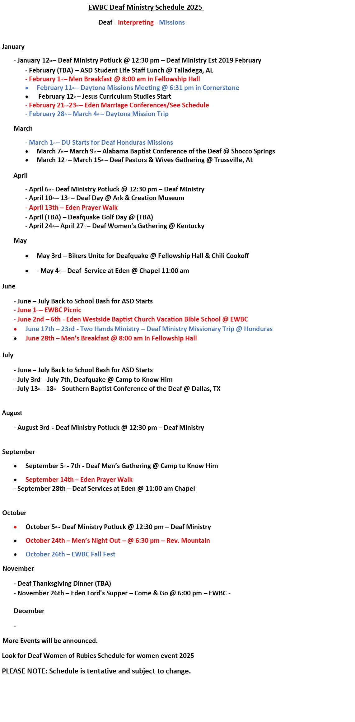 2025 EWBC Deaf Ministry Schedule